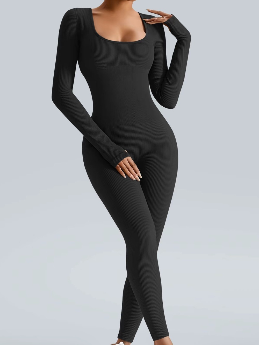 Sleek Ribbed Black Long-Sleeve Jumpsuit
